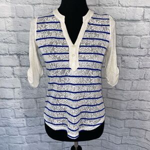 BCX women XS semi sheer 3/4 sleeve top w/floral and stripe print